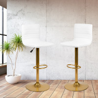 Flash Furniture 2-CH-92023-1-WH-G-GG Modern White Vinyl Adjustable Bar Stool with Back, Counter Height Swivel Stool with Gold Pedestal Base, Set of 2